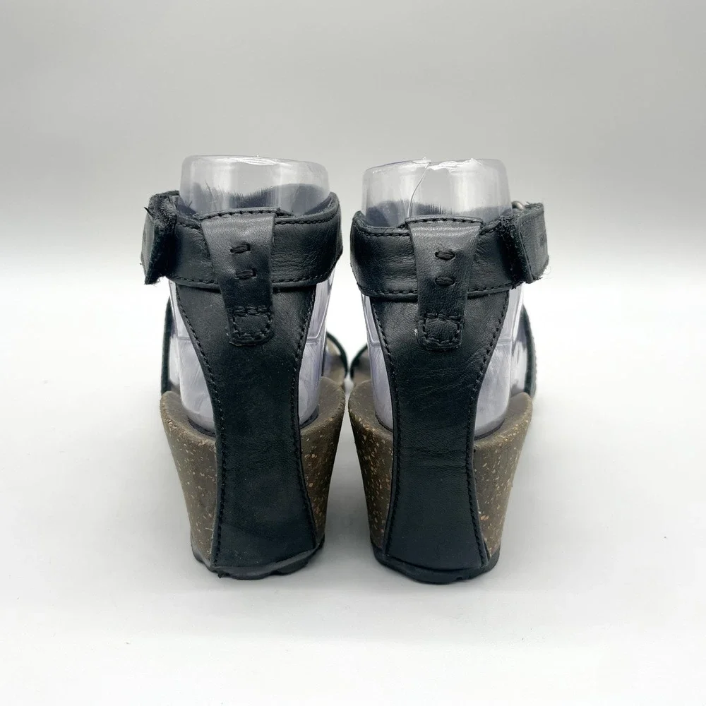 Teva Womens 6.5 Cabrillo Wedge Strappy Sandals Black Leather Gorpcore Boho Heel